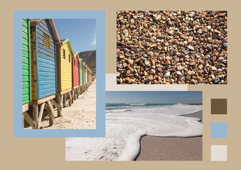 Composition of three seaside and pebbles photographs with three colour swatches on beige background