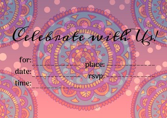 Invitation with celebrate with us text with copy space over circle pattern on pink background