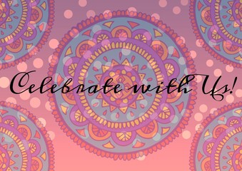 Invitation with celebrate with us text with copy space over circle pattern on pink background