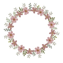 Fototapeta na wymiar circle watercolor floral frame of dusty pink, dusty pink watercolor flower for greeting and wedding invitation card, 