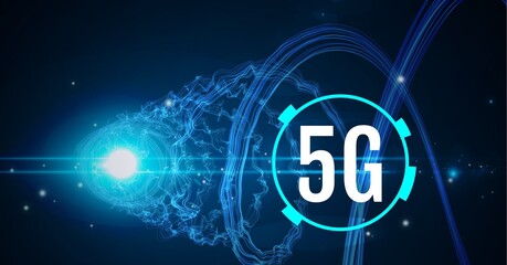 Composition of 5g text over scope and glowing light with multiple blue electric light trails