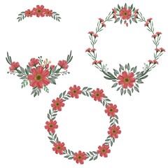 circle watercolor floral frame of red, arangement red floral watercolor  for greeting and wedding invitation card