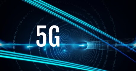 Composition of 5g text over green light trails and glowing light on black background