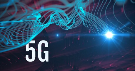 Composition of 5g text over green and red light trails and glowing light on blue background