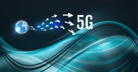 Composition of 5g text with white arrows and globe over green light trails in background