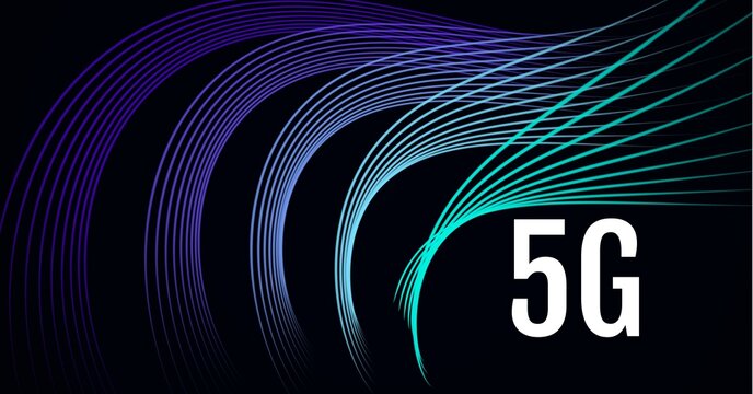 Composition of 5g text over blue to purple light trails on black background - Powered by Adobe