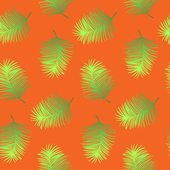 Vector seamless pattern with green leaves. Exotic palm tree, green color with gradient. Background for clothes, web and design. Ecology theme. Summer illustration. Print for greeting cards, gift wrap