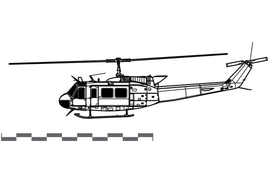 Bell UH-1H Iroquois, Huey. Vector drawing of utility helicopter. Side view. Image for illustration and infographics.