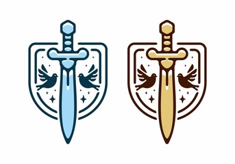 Blue and brown color of sword and shield flat illustration