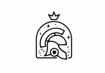Black line art illustration of warrior helmet with crown