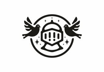 Black line art illustration of iron warrior helmet and bird