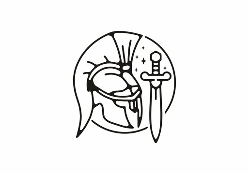 Black line art illustration of warrior helmet and sword