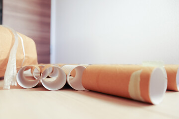 tokyo, japan, 22-09-2020, A big number of finished toilet paper rolls spreaded on the floor.
