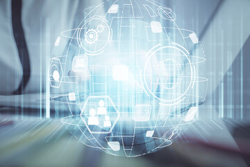 Double exposure of woman hands typing on computer and social network theme hologram drawing. People media concept.