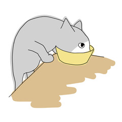 テーブルの上のお皿からご飯を食べているグレーの猫