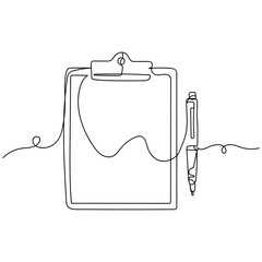 Continuous one line of clipboard with document and pen in silhouette. Minimal style. Perfect for cards, party invitations, posters, stickers, clothing. Black abstract icon.