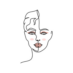 Continuous one line of beautiful surreal woman face in silhouette. Minimal style. Perfect for cards, party invitations, posters, stickers, clothing. Black abstract icon.