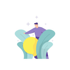 looking for ideas or inspiration. illustration of a man looking for a lamp in the grass and bushes. looking for a solution or enlightenment. flat style. vector design