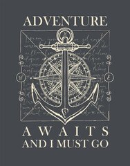 Vector banner with a ship anchor, old compass and handwritten text Lorem ipsum. Illustration on the theme of travel and adventure on the black background in retro style. Adventure awaits and I must go © paseven