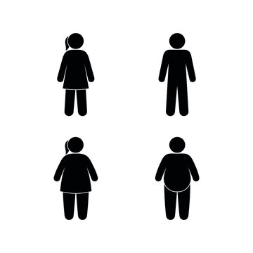 human silhouette man and woman, toilet door symbol, slim and fat people stand side by side, stick man icon, obesity and healthy lifestyle