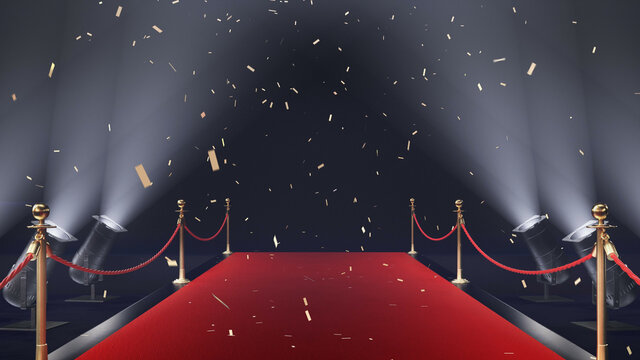3d render red carpet with confetti and volume light