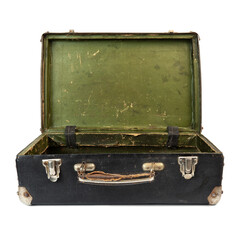 Old open suitcase isolated on the white background. Retro-styled soviet shabby suitcase.