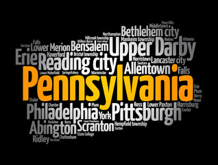 List of cities in Pennsylvania USA state, map silhouette word cloud map concept background