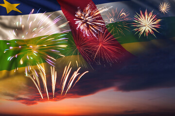 Night sky with fireworks and flag of Central African Republic