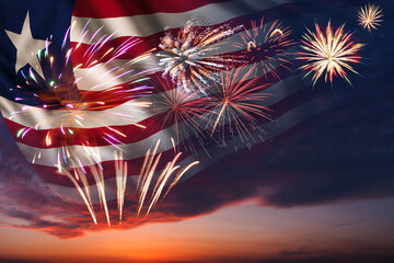 Night sky with fireworks and flag of Liberia