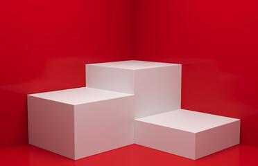 three white podium and red background