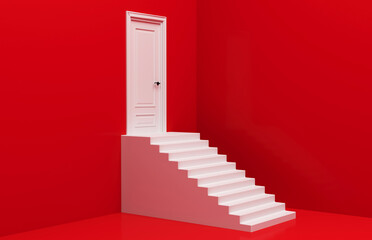 a white staircase leads to a white door