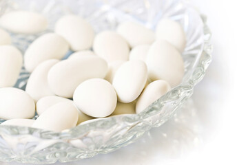 White dragees close up. Traditional french candies served at a wedding or a baptism