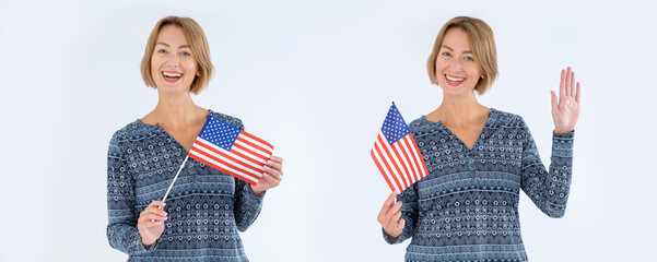 Two types of one young beautiful woman with USA flag.