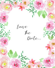 Save the date floral card design wSave the date card design with loose watercolor flowers and leaves on white background