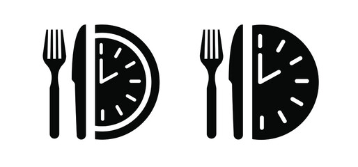 Dinner time, clock. Plate, fork, knife icon. Food symbol for bar, cafe, hotel concept. Eating icon in black. Ready to eat healthy food. Vector logo sign for dinner, breakfast, lunch meal menu service