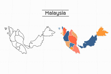 Malaysia map city vector divided by colorful outline simplicity style. Have 2 versions, black thin line version and colorful version. Both map were on the white background.