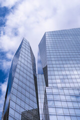 Looking up on Manhattan skyscrapers with wide angle perspective 