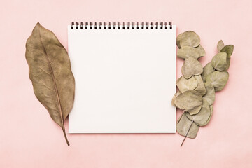 Sketchbook notepad mocap on pink background with eucalyptus branch and ficus leaf. Empty white sheet, place for text. Concept of art, ecology, planning. Stationery items, copy space, flat lay