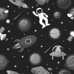 Space pattern with planets and stars. Astronaut