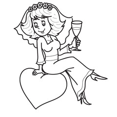 sketch, the bride sits on a heart and holds a glass of champagne in her hand, cartoon illustration, coloring book, isolated object on a white background, vector,