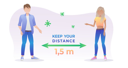 People, men and woman, standing and chating with social distancing 1,5 meters. Keep your distance. Vector illustration isolated on white background for covid-19 poster, banner.
