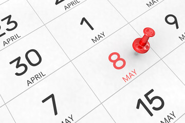 3d rendering of important days concept. May 8th. Day 8 of month. Red date written and pinned on a calendar. Spring month, day of the year. Remind you an important event or possibility.