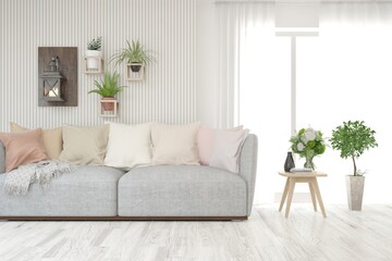 White living room with sofa. Scandinavian interior design. 3D illustration