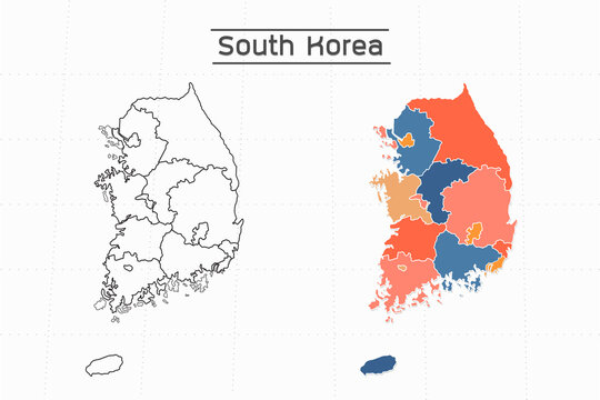 South Korea map city vector divided by colorful outline simplicity style. Have 2 versions, black thin line version and colorful version. Both map were on the white background.