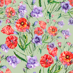 Seamless pattern with poppies and wild flowers bluebell. Watercolor seamless pattern on green background.