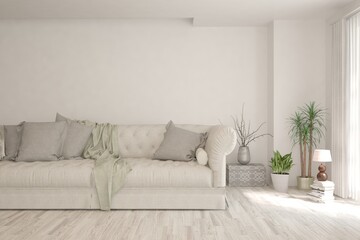 Soft color living room with sofa. Scandinavian interior design. 3D illustration