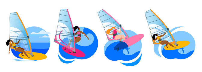 Girl ride a Board with a sail. A set of Vector icons or stickers in a flat style on the theme of windsurfing.