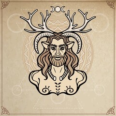 Horned god Cernunnos . Mysticism, esoteric, paganism, occultism. Vector illustration. Background - imitation of old paper, a decorative circle.