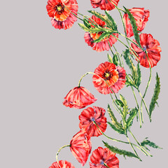 Watercolor red poppies on a gray background. Vertical seamless pattern.