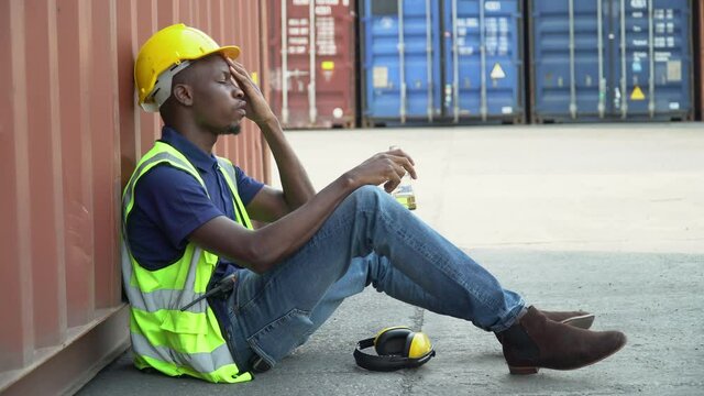 Tired african american foreman take a break and drinking energy drink over stak of Containers box at warehouse logistic in Cargo freight ship for import export  outdoors. black exhausted worker sit